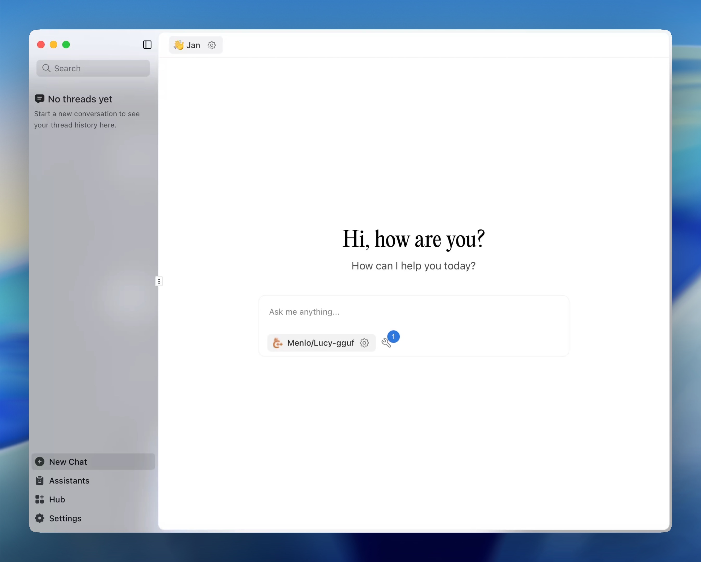 Jan interface with gpt-oss model selected and ready to chat